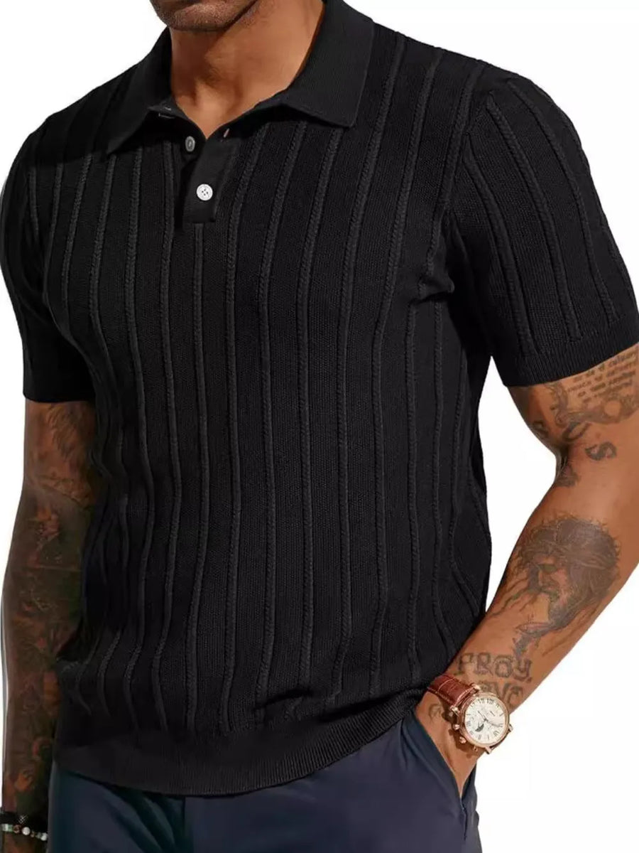 Black ribbed knit polo shirt with buttoned placket and short sleeves.