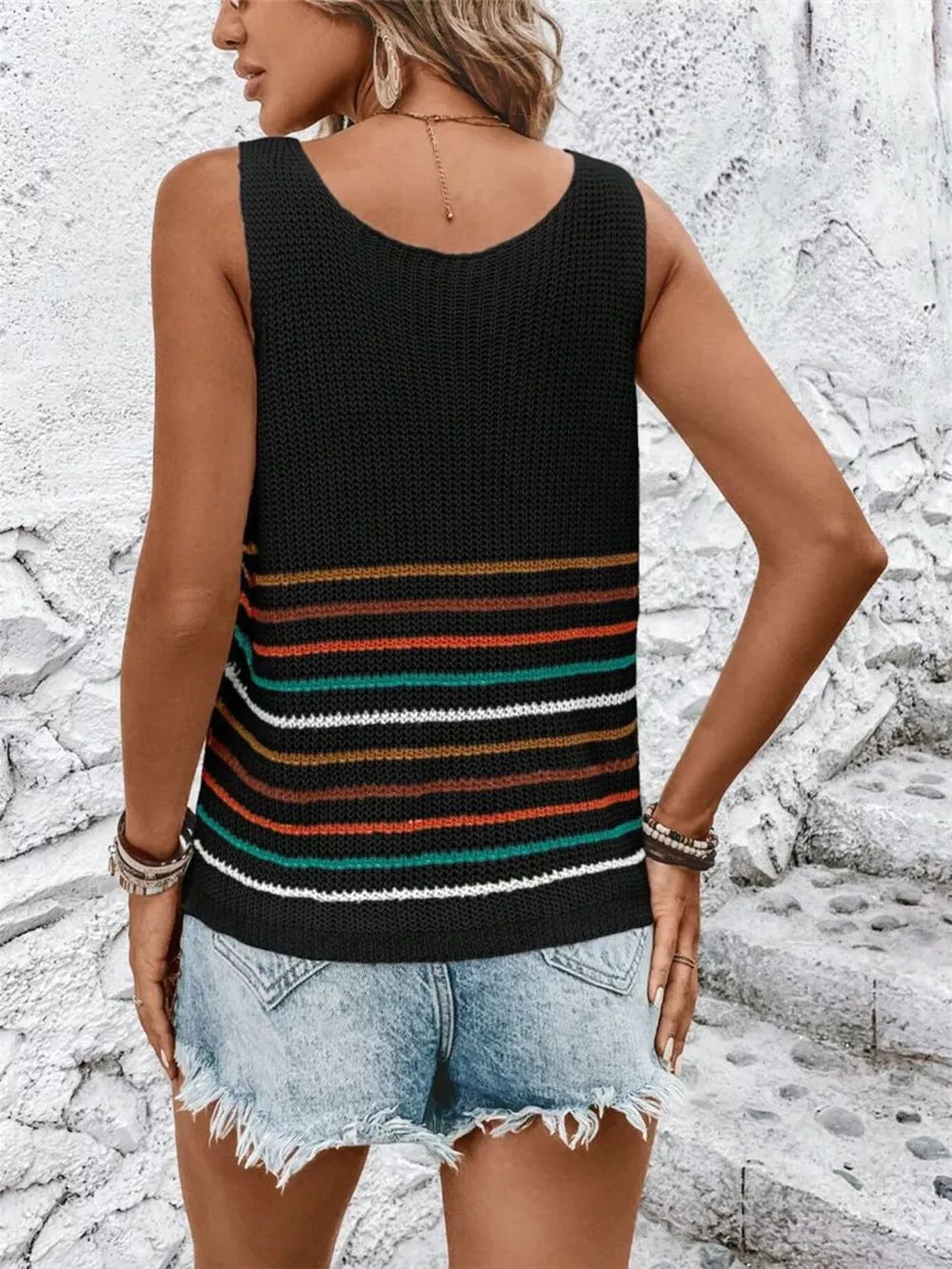 Black knit vest with colorful stripes, U-neck, sleeveless, acrylic