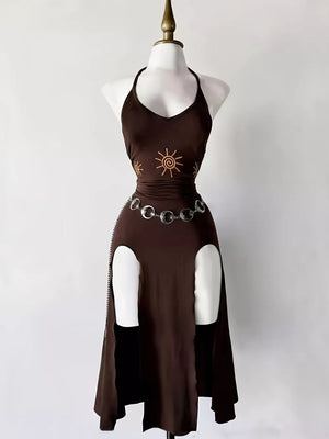 dark brown mini dress with sun motif and halter