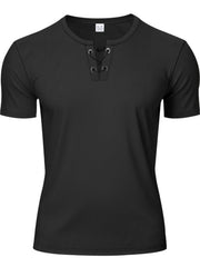 Black cotton t-shirt with lace-up V-neck and short sleeves
