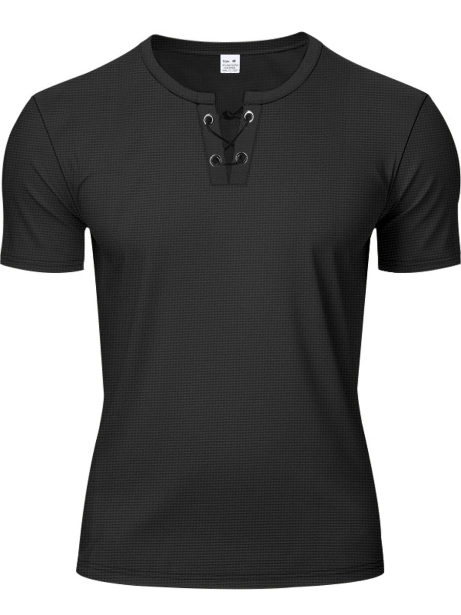 Black cotton t-shirt with lace-up V-neck and short sleeves