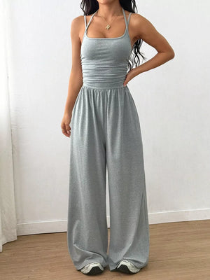 jumpsuit in dark brown with ruched and maxi