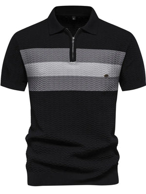Black zip polo shirt with chevron stripe detail and textured fabric.