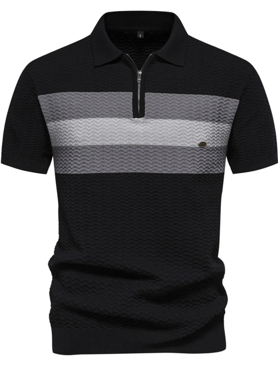 Black zip polo shirt with chevron stripe detail and textured fabric.