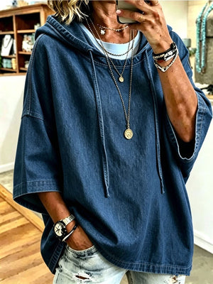 light blue pullover hoodie with hip-length and pullover