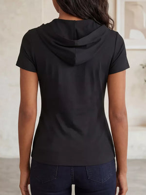 Black ruched hooded slim fit t-shirt with short sleeves.