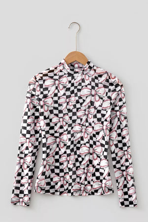 Checkered Baseball Bow Print Mesh Top in Black