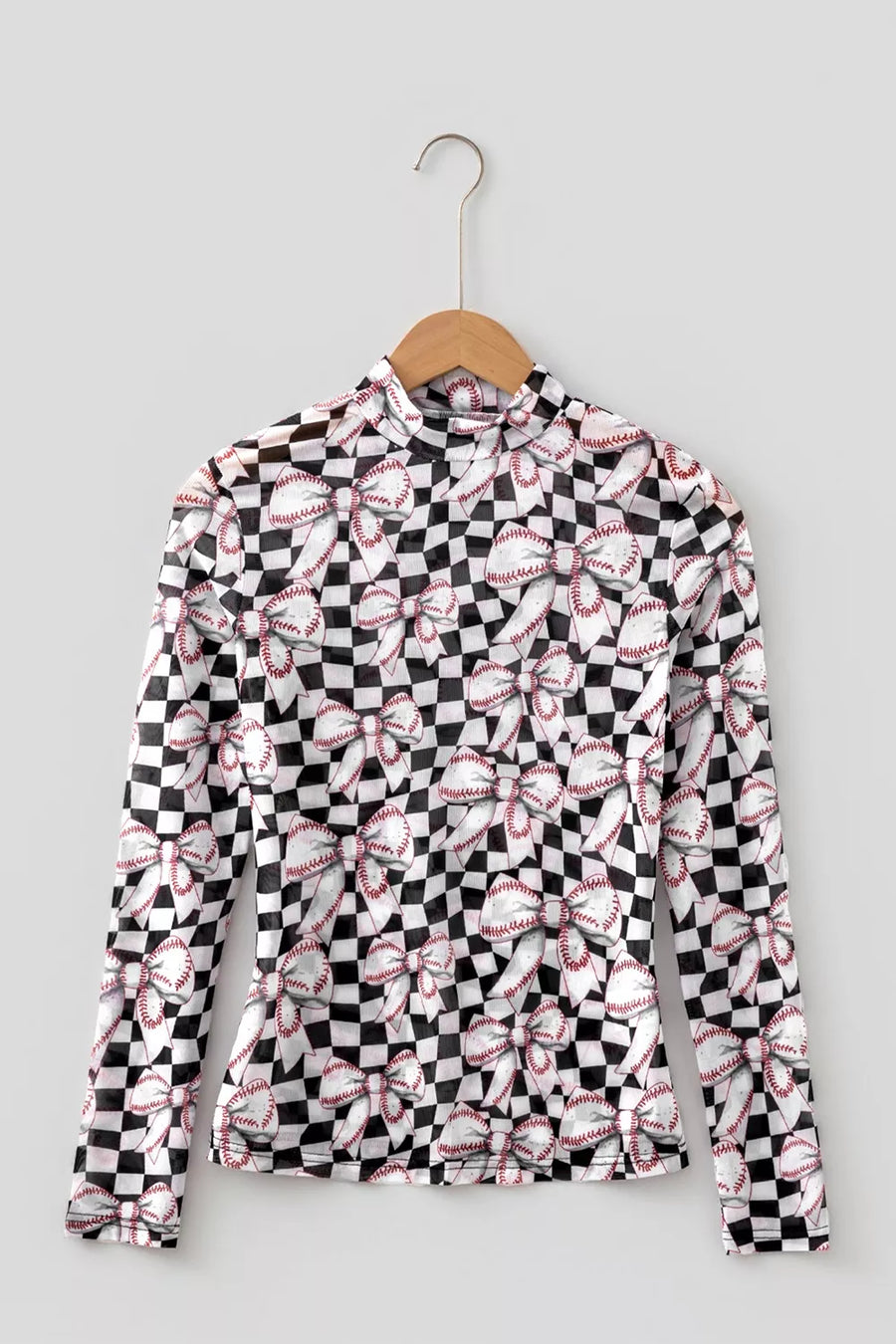 Checkered Baseball Bow Print Mesh Top in Black