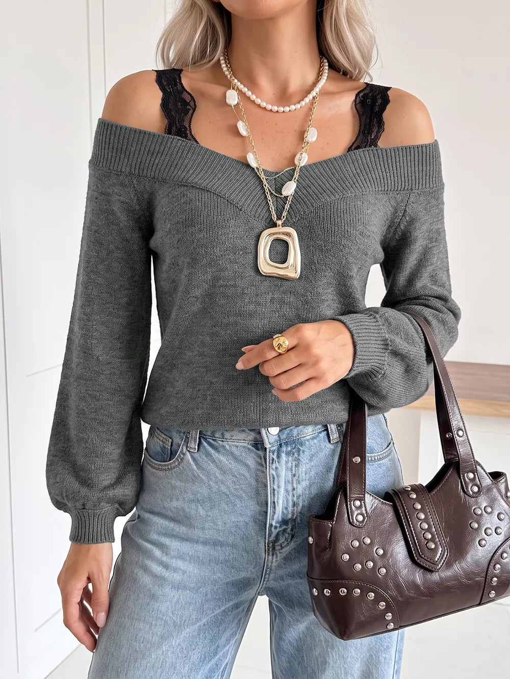 Off-shoulder Lace Trim Sweater in Dark Gray