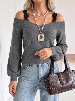 Off-shoulder Lace Trim Sweater in Dark Gray