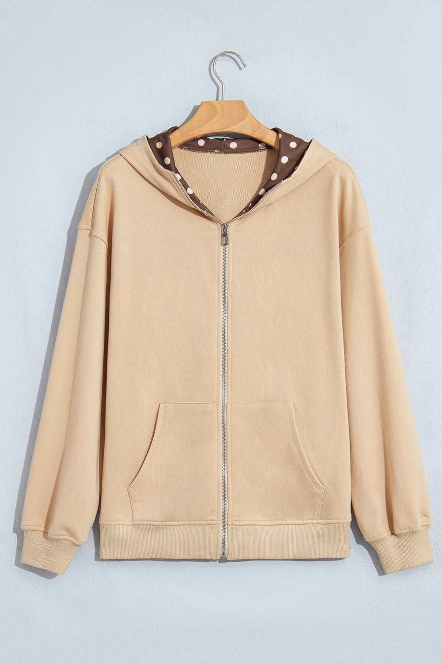 65% polyester, 35% cotton Care instructions: Machine wash cold zip hoodie in Camel with relaxed silhouette