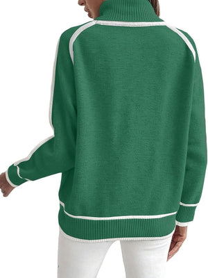 Contrast Trim Ribbed Hem Turtleneck Sweater Plus Size in sage green