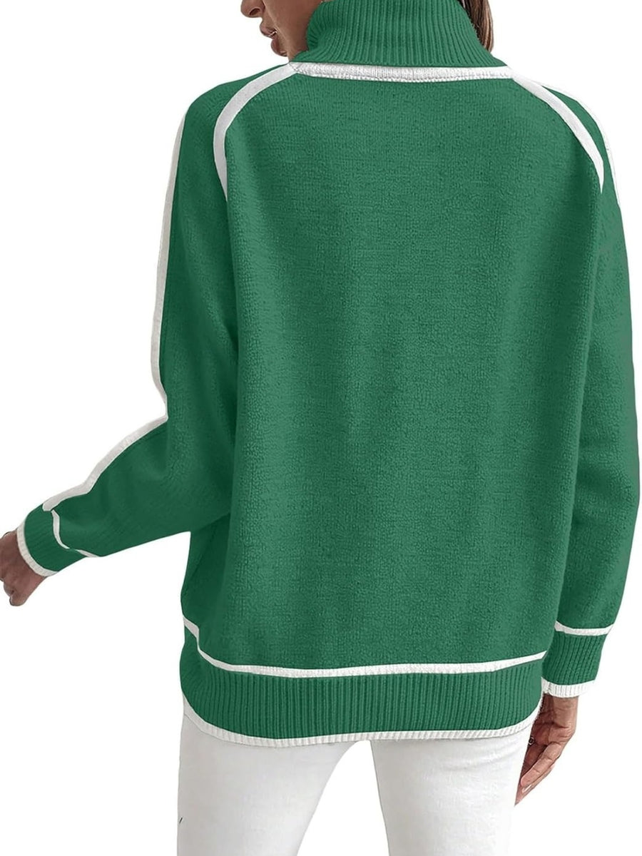 Contrast Trim Ribbed Hem Turtleneck Sweater Plus Size in sage green