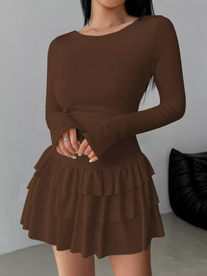 Pink Ruched Long Sleeve Layered Ruffle Mini Dress