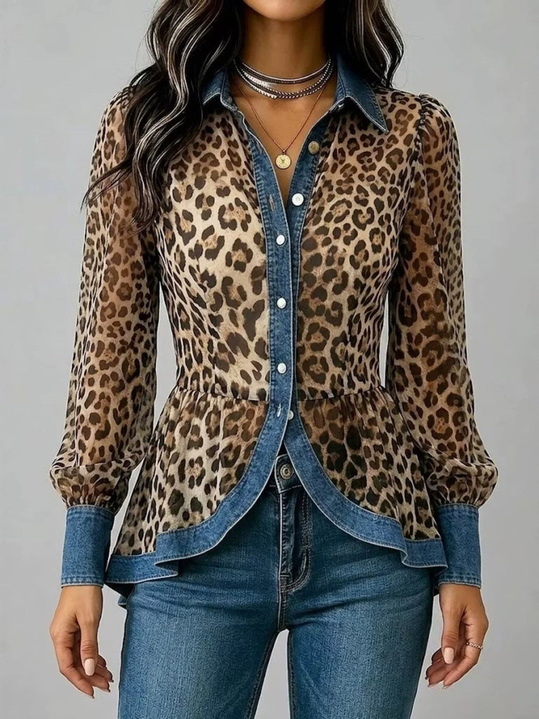 tan blouse with leopard and collared