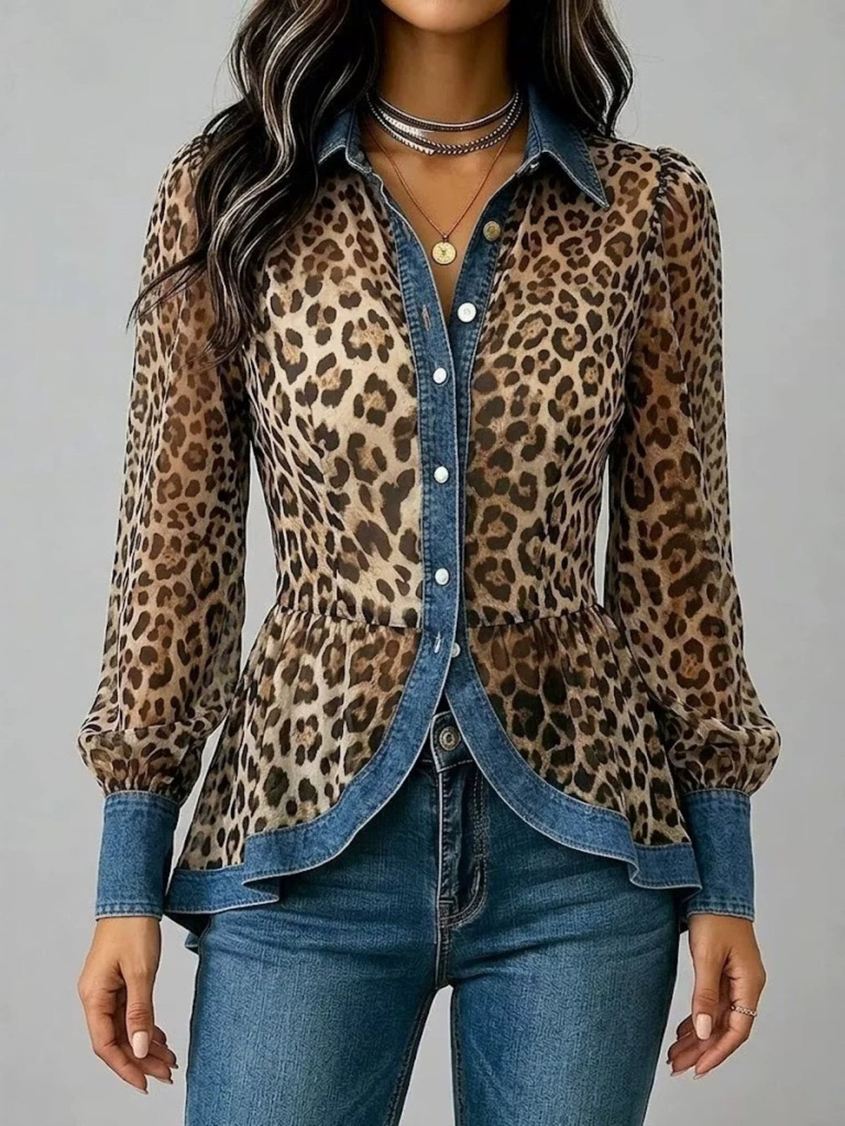 tan blouse with leopard and collared