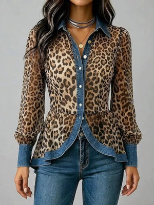tan blouse with leopard and collared
