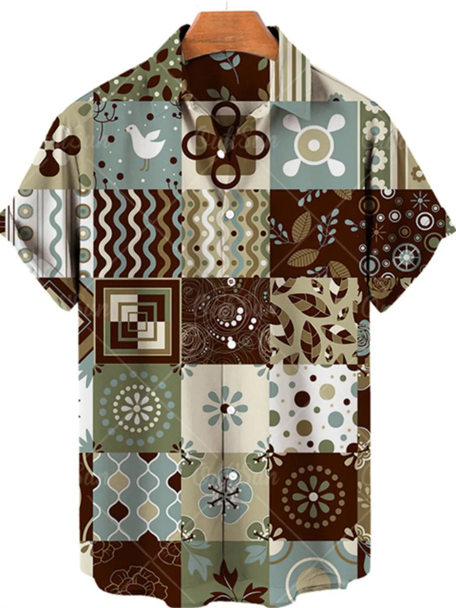Chocolate Men's Plus Size Printed Button Up Short Sleeve Shirt