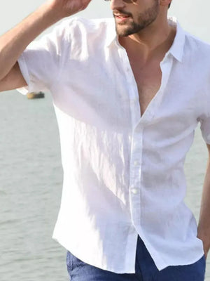 White linen resort shirt, relaxed fit, short sleeves, button-down, breathable fabric