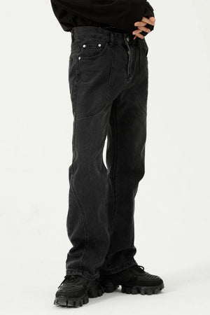 Black denim straight leg jeans with panel seam detailing