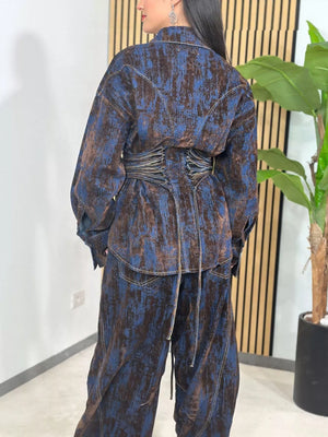 Denim jacket and pants set in dark blue with brown distressed print and lace-up waist detail