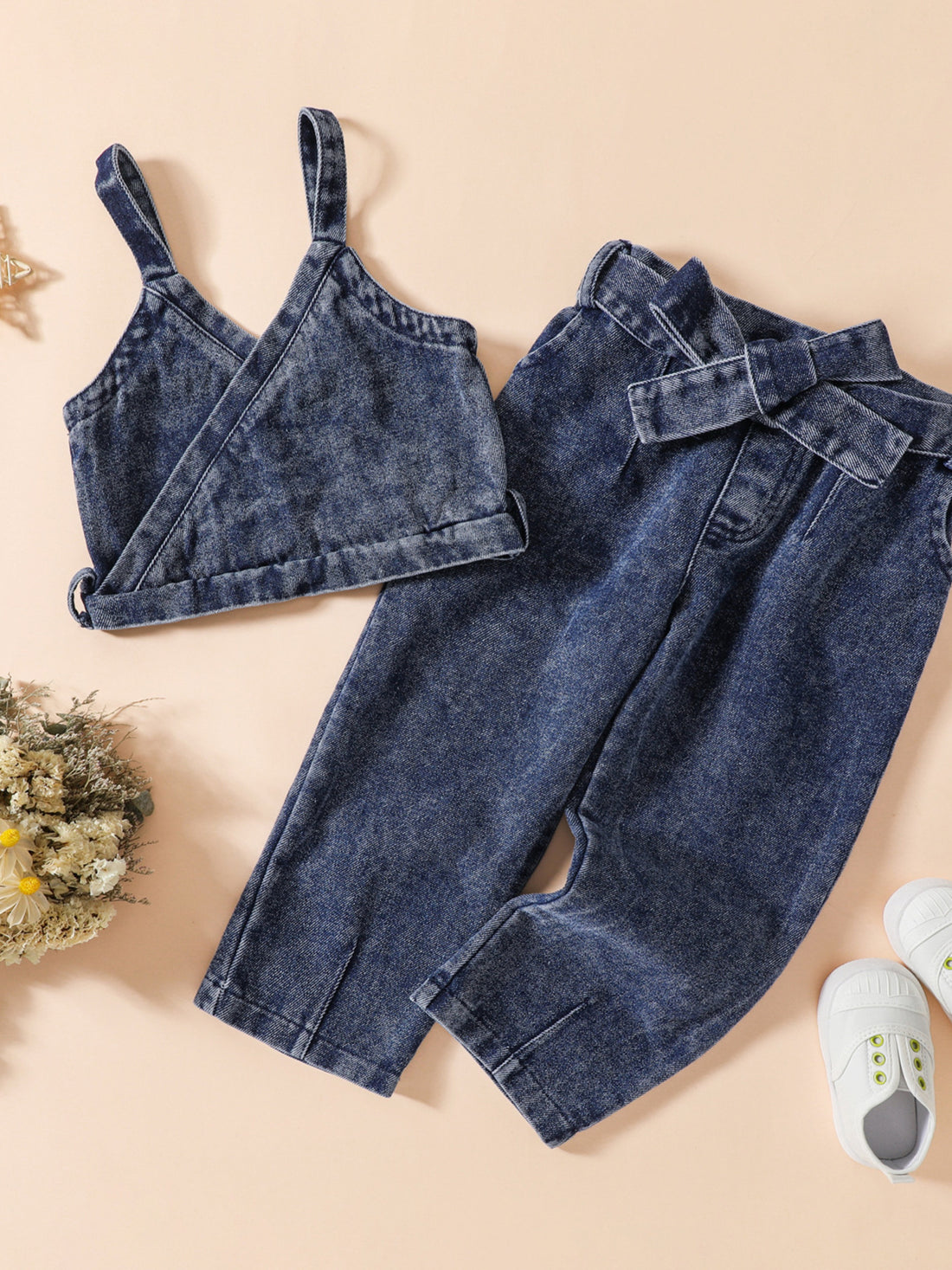 Acid-wash denim cami and jeans set with tie waist for baby girls