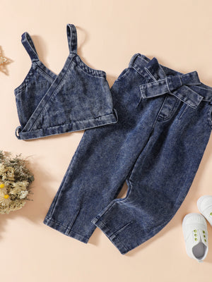 Acid-wash denim cami and jeans set with tie waist for baby girls