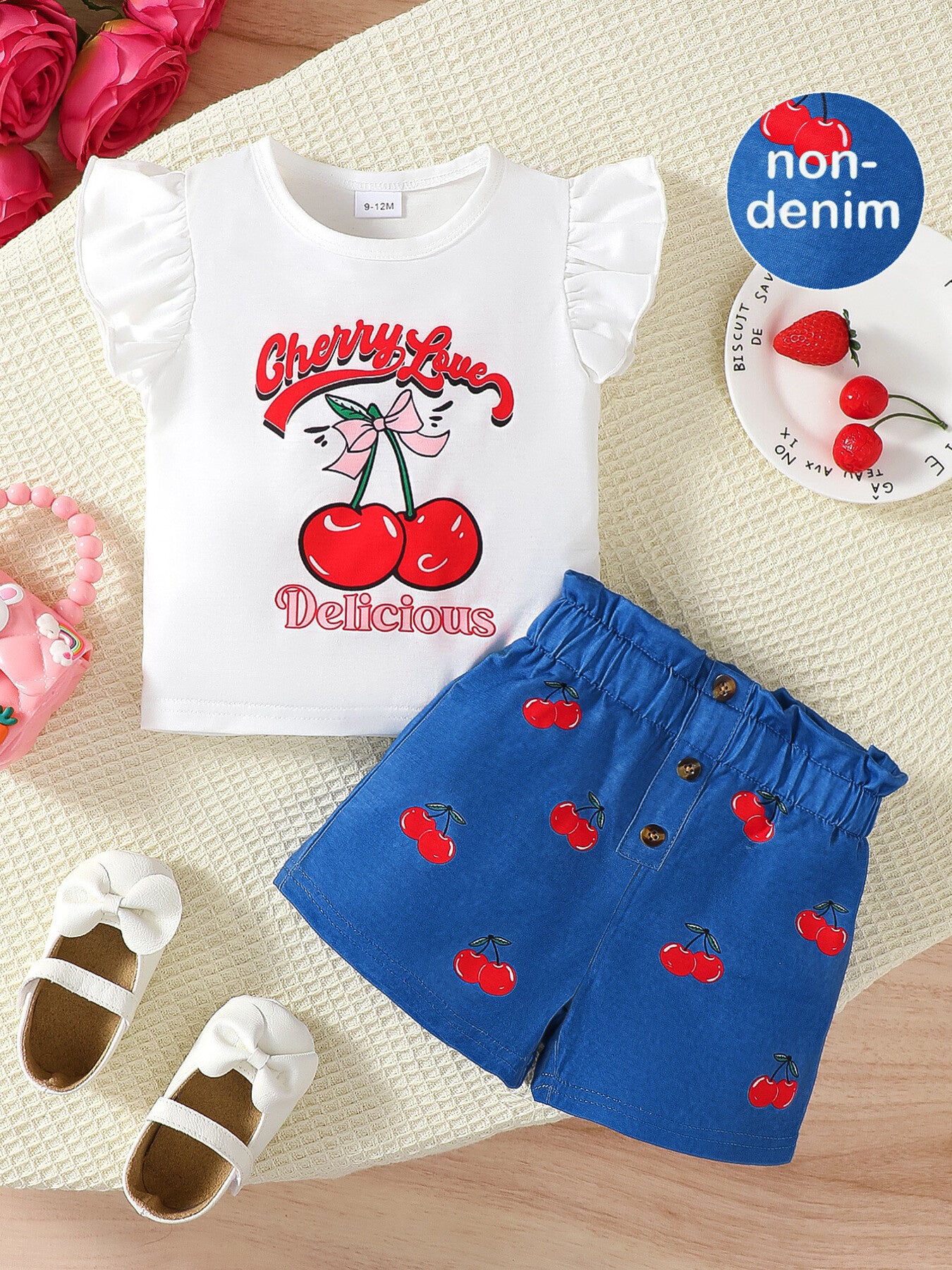 Girls' white cherry graphic tee with ruffled sleeves and royal blue cherry print shorts.