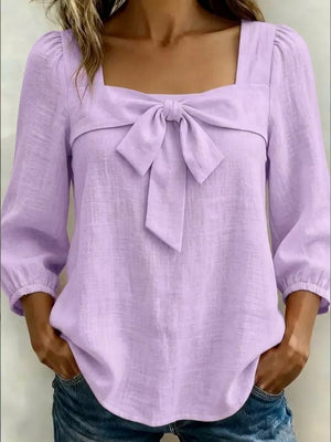 Light Purple Full Size Bow Front Square Neck Blouse Plus Size