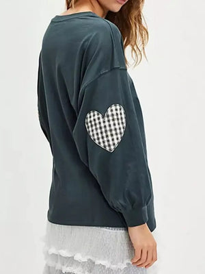 Green with Heart Patch Long Sleeve Sweatshirt