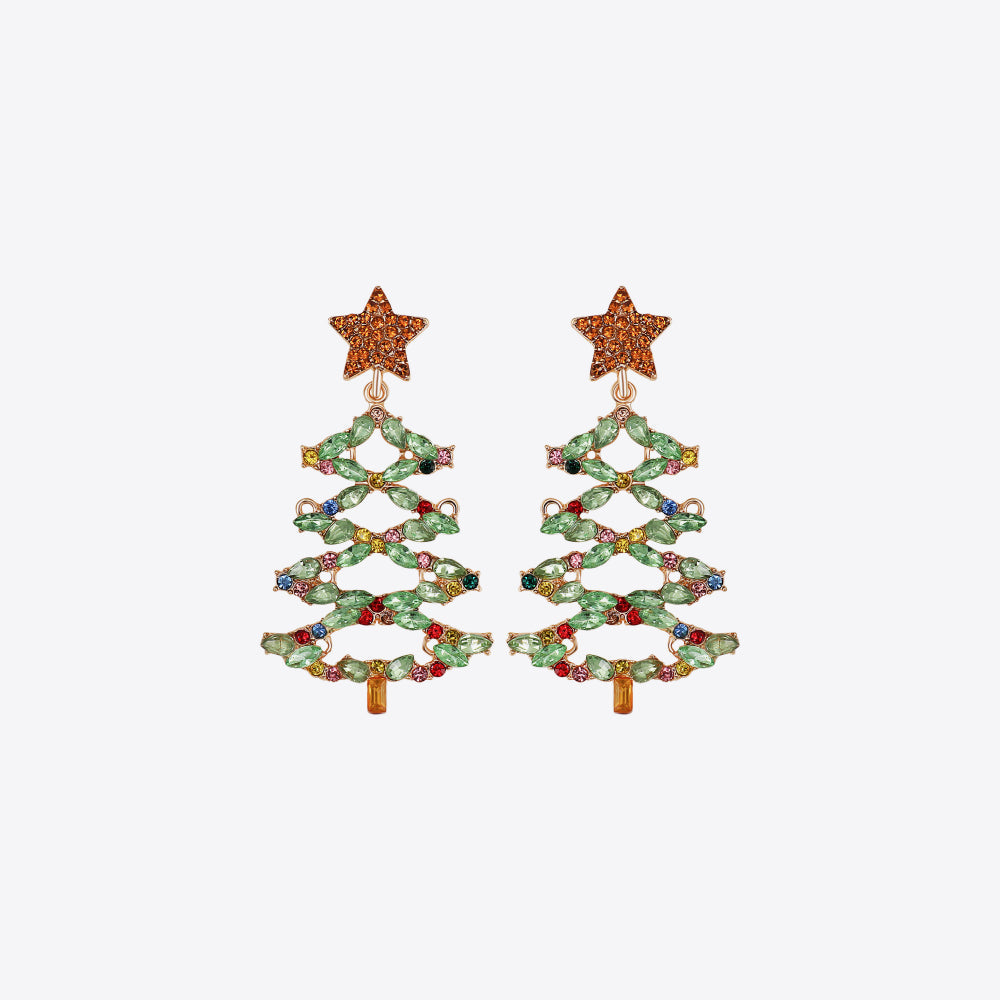 Festive crystal tree dangle earrings with star tops, adorned with colorful gems.