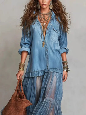Light blue sheer ruffle maxi dress with buttoned detailing and long sleeves.