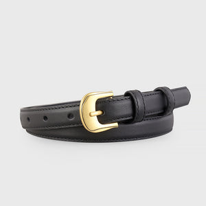 Black cowhide leather belt with gold buckle and adjustable strap