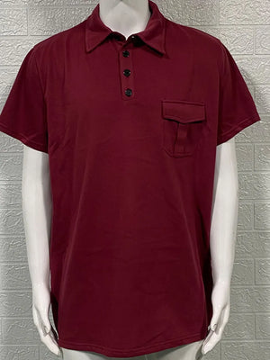 Burgundy acrylic polo shirt with short sleeves and a utility chest pocket.