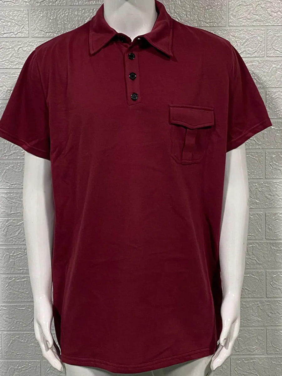 Burgundy acrylic polo shirt with short sleeves and a utility chest pocket.