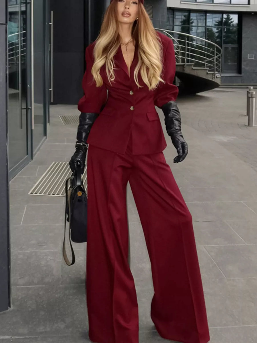 Single-breasted Blazer And Wide-leg Pants Set in Burgundy