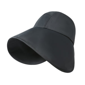 Black wide brim sun hat with a flexible brim for UV protection.