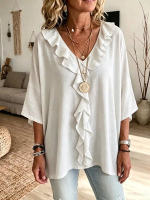 Full Size Ruffle V-neck 3/4 Sleeve Blouse Plus Size in Green