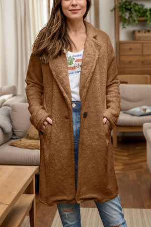 Brown teddy bear texture single-button duster coat with lapel and pockets.