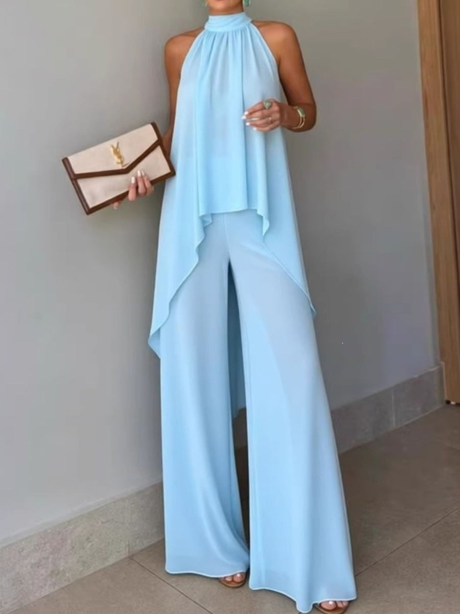 High-Low Sleeveless Top & Wide-Leg Pants Set in Dark Green with high-low