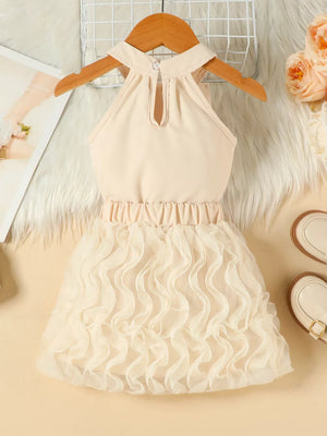 Beige toddler halter neck dress with ruffled skirt and keyhole detail