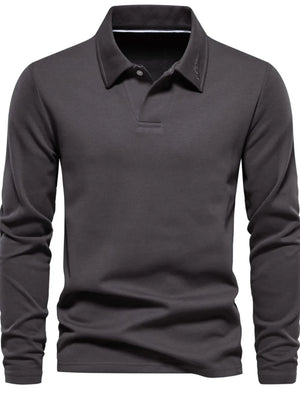 Dark Gray long sleeve polo shirt with collar detail and button placket.