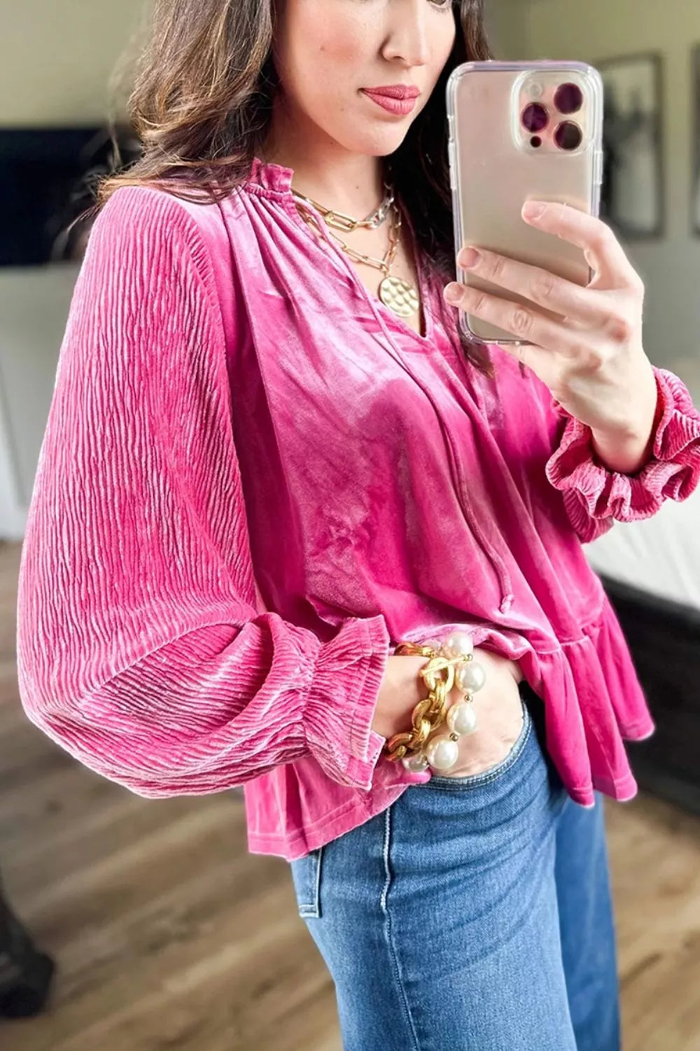 V Neck Velvet Ruffled Cuffs Long Sleeve Top in Hot Pink