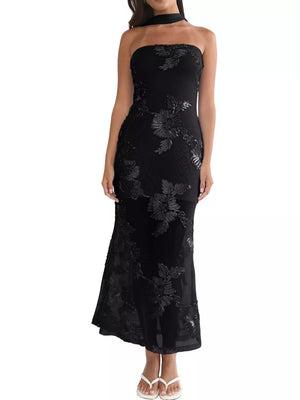 maxi dress in light pink with floral and embroidered