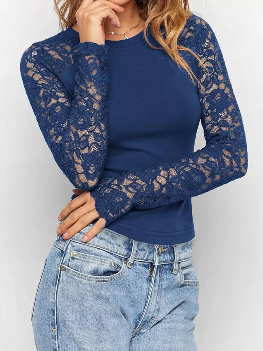 Lace Long Sleeve Round Neck T-shirt in Black with lace detail