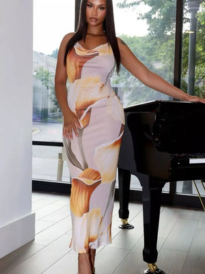 Chic floral cowl neck backless maxi dress with a body-skimming fit.