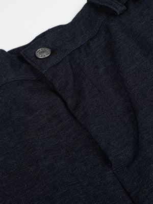 Relaxed fit sweatpants in dark heathered cationic fabric with adjustable waist button detail.