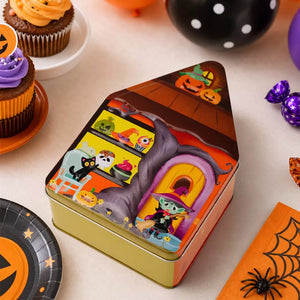 Halloween House Shaped Metal Candy Box in purple with house-shaped