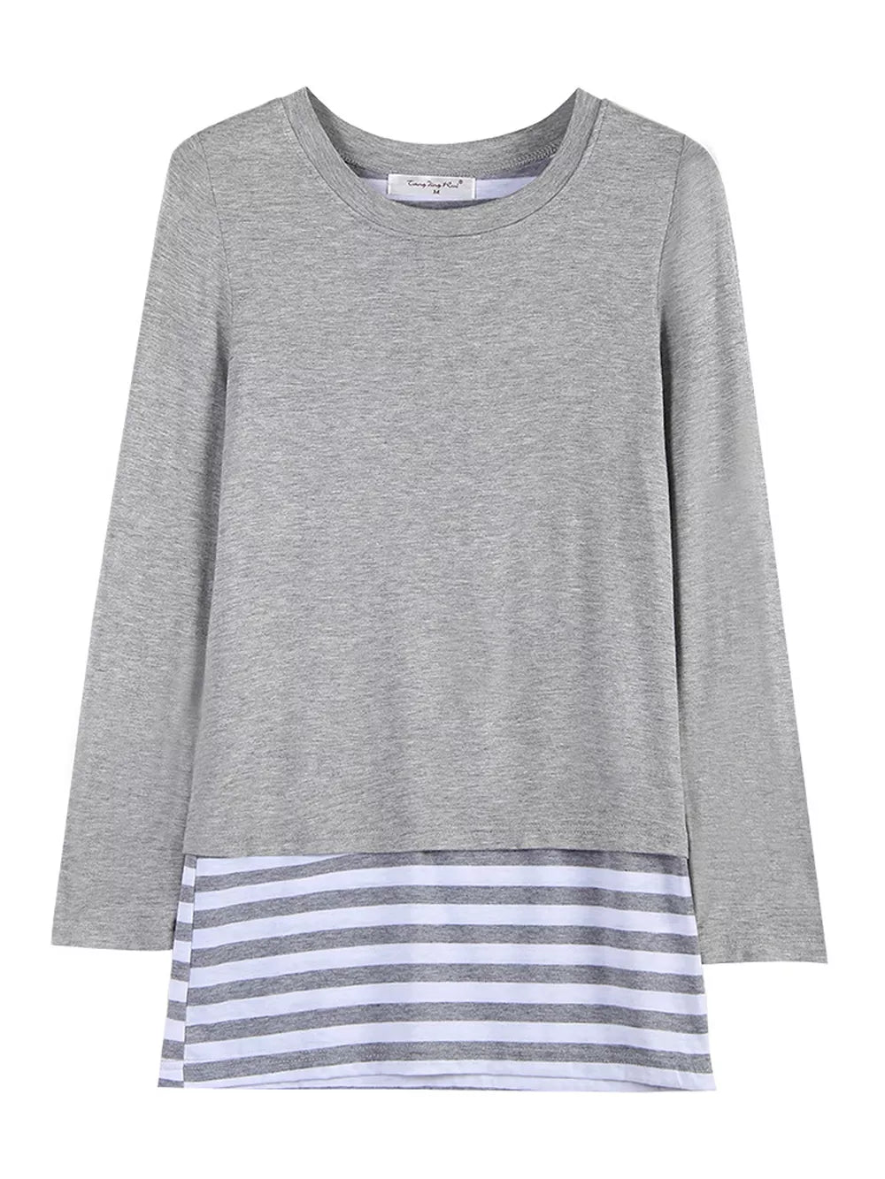 Light Gray with Layered Crew Neck Long Sleeve Striped T-shirt