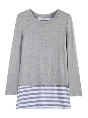 Light Gray with Layered Crew Neck Long Sleeve Striped T-shirt